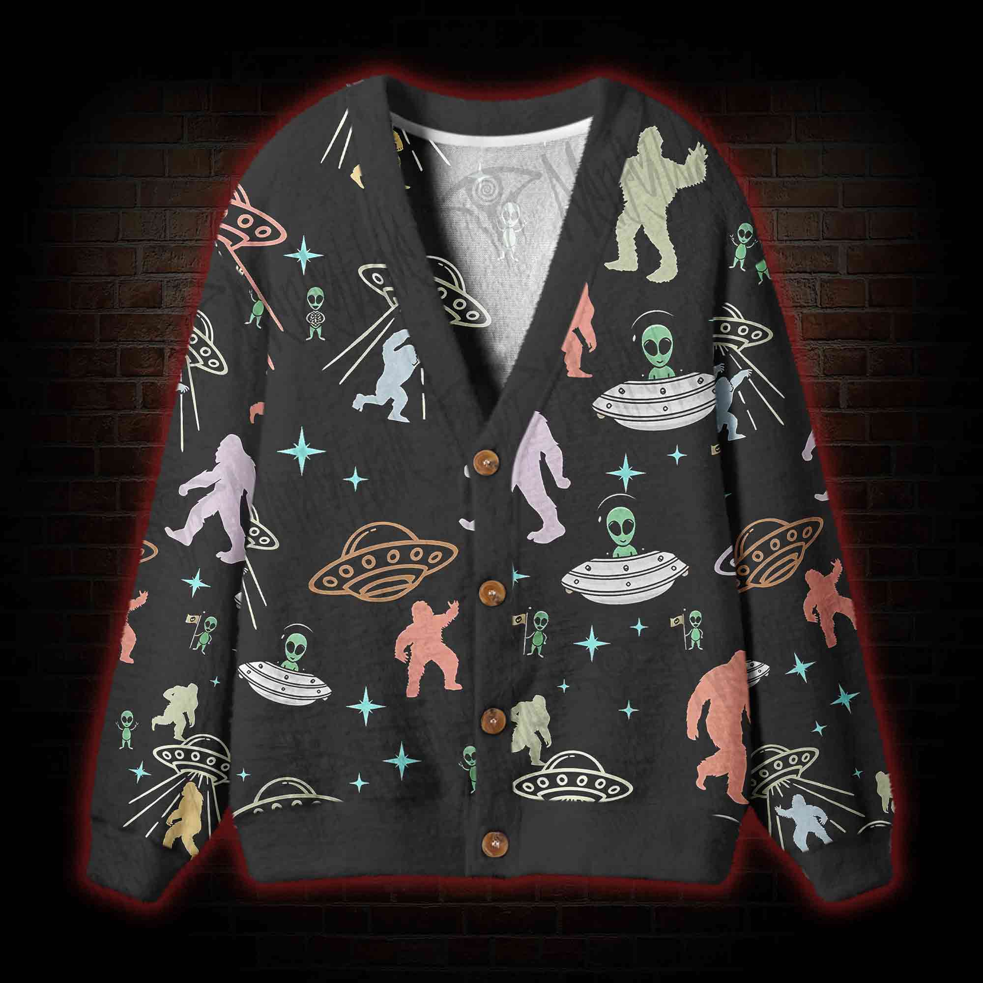 Bigfoot and Alien Party Cardigan Sweater