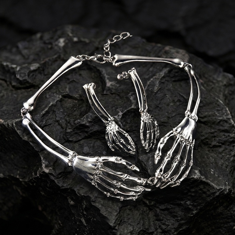 Skeleton Hand Necklace and Stud Earring Set