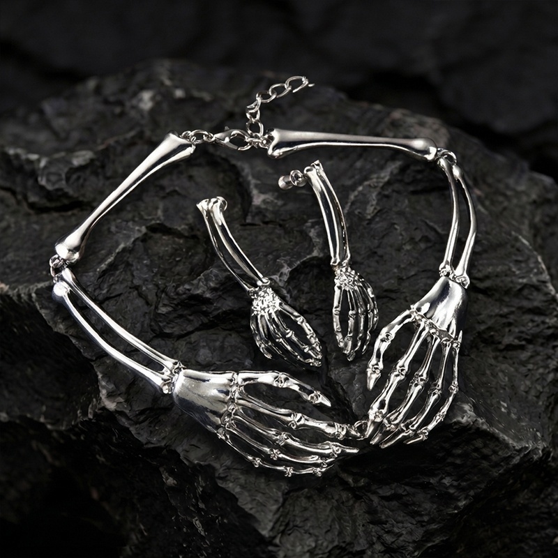 Skeleton Hand Necklace and Stud Earring Set