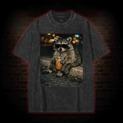 Funny Raccoon Drinking Iced Coffee Washed T-shirt
