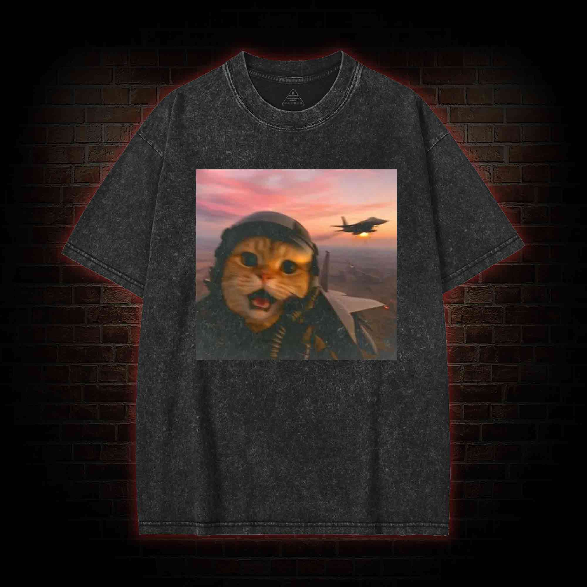 Funny Fighter Pilot Cat Washed T-shirt