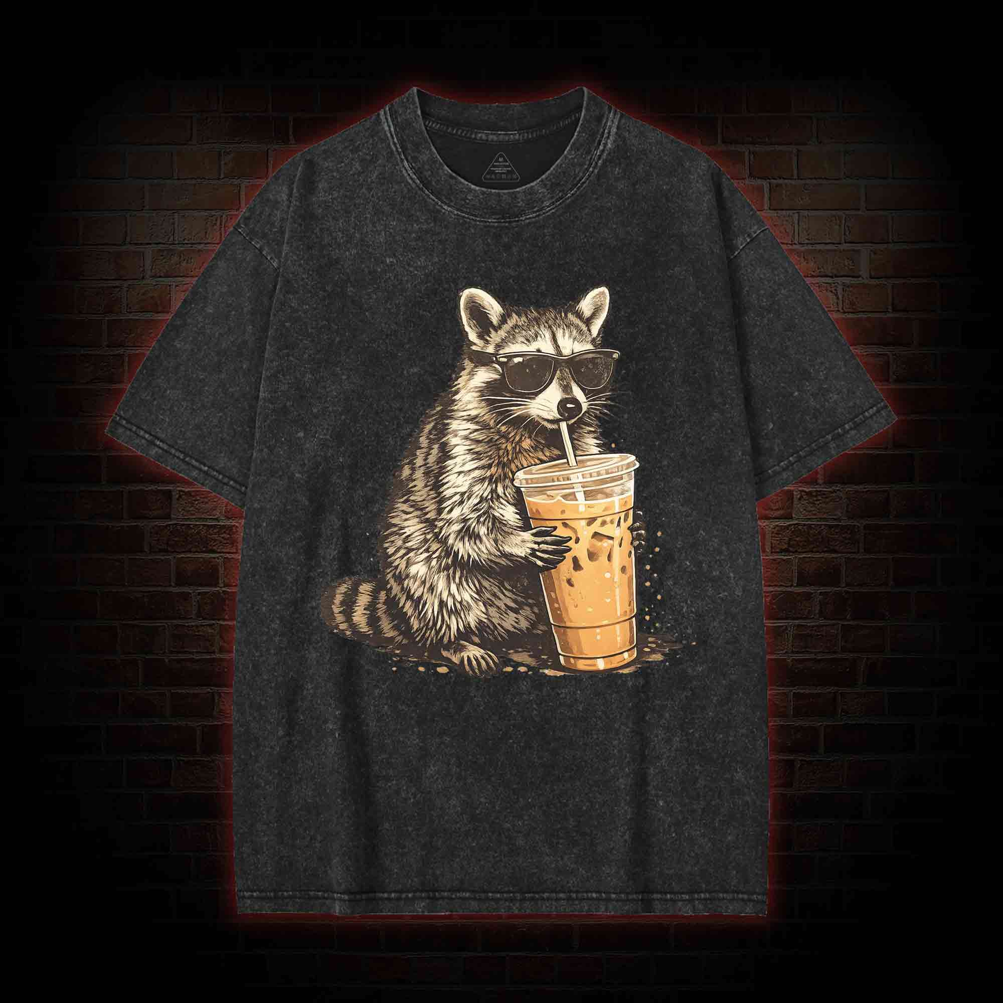 Raccoon Drinking Iced Coffee Washed T-shirt