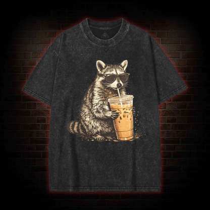 Raccoon Drinking Iced Coffee Washed T-shirt
