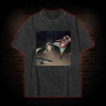 Black Guy Kick Alligator in Swamp Washed T-shirt
