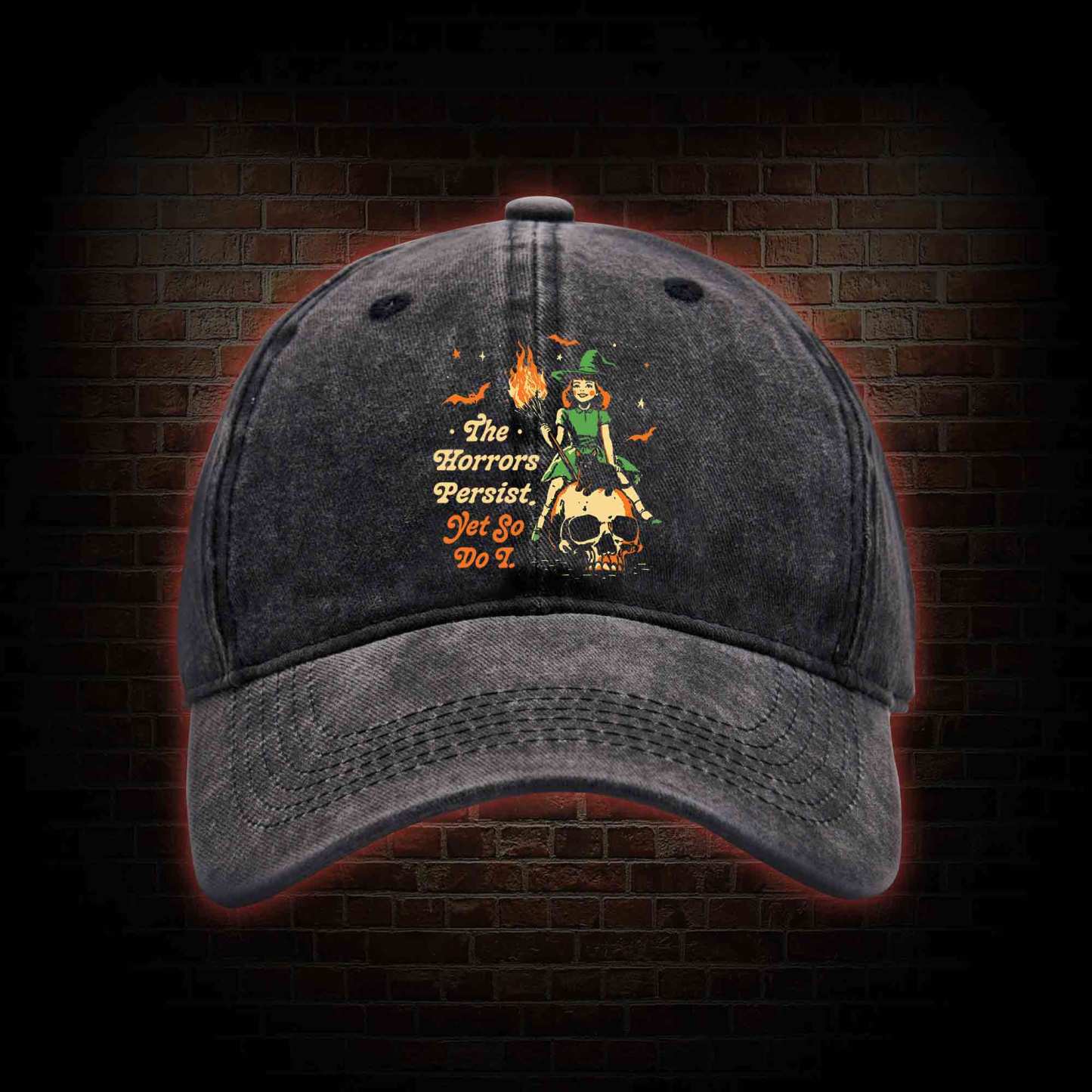 The Horrors Persist Yet So Do I Washed Vintage Baseball Cap with Dark Style