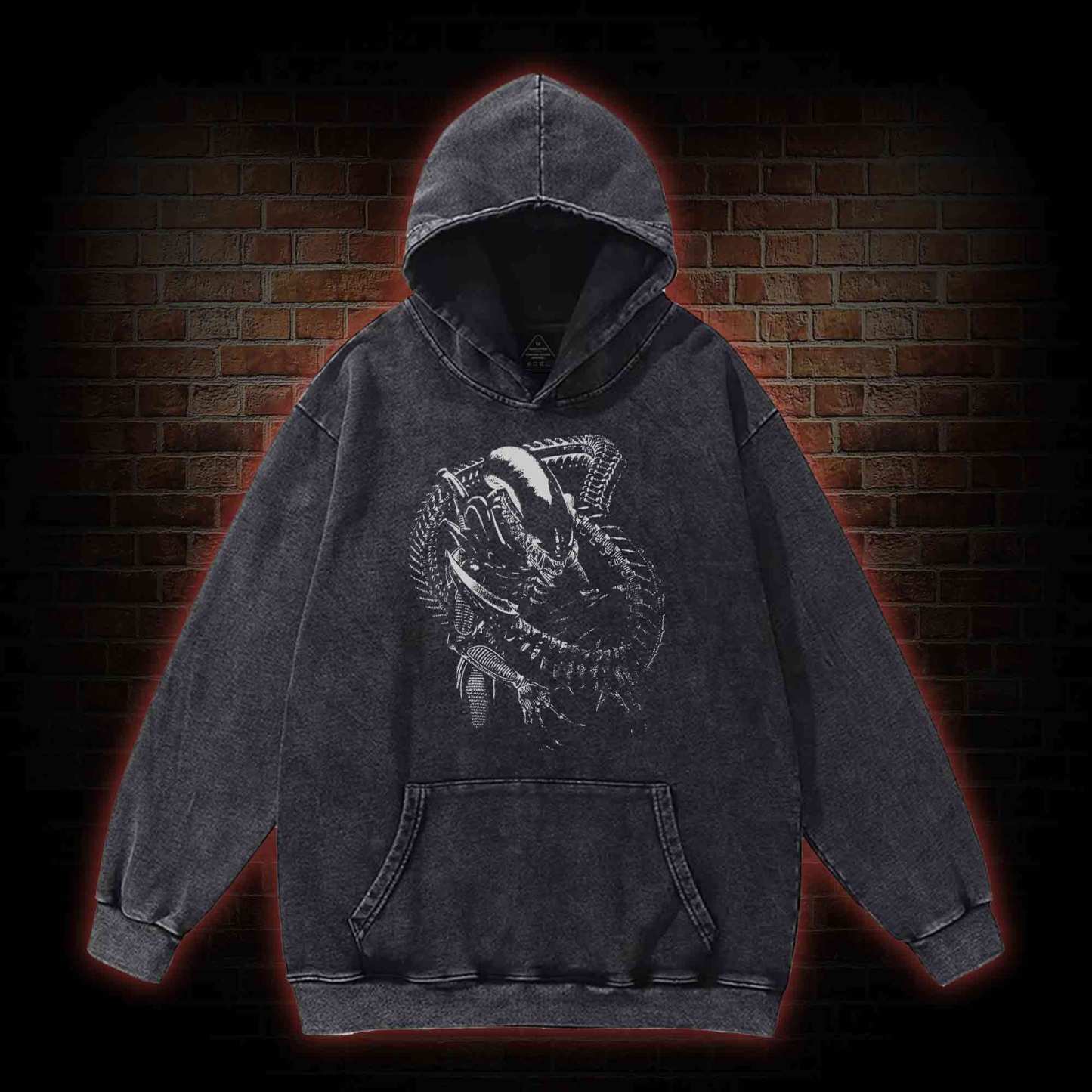 Alien Inspired Horror Washed Hoodie with Dark Style