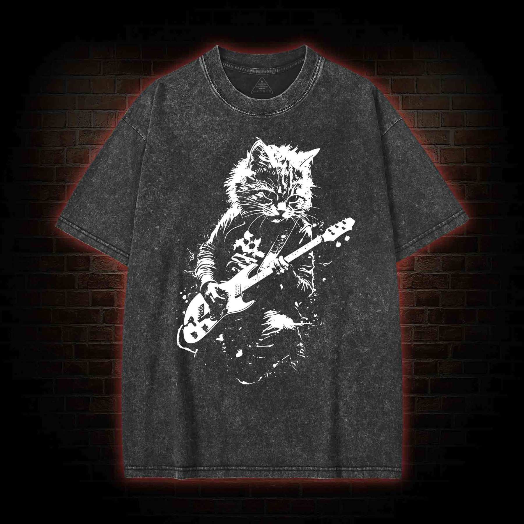 Rock Cat Playing Guitar Washed T-shirt with Dark Style