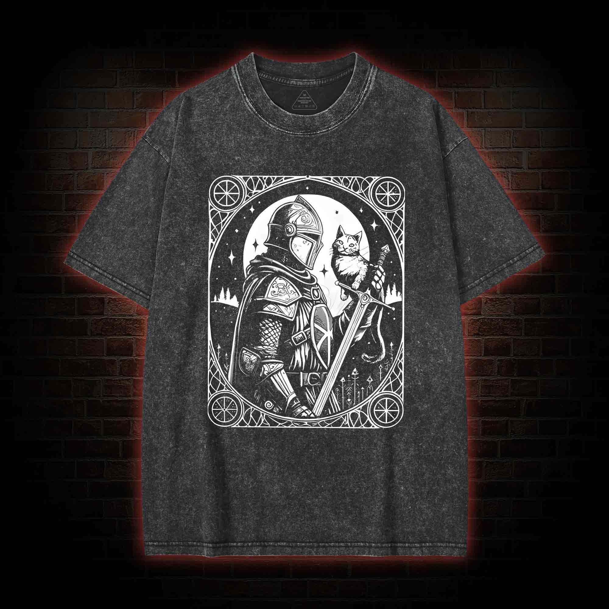 Knight Holding Cat Medieval Washed T-shirt