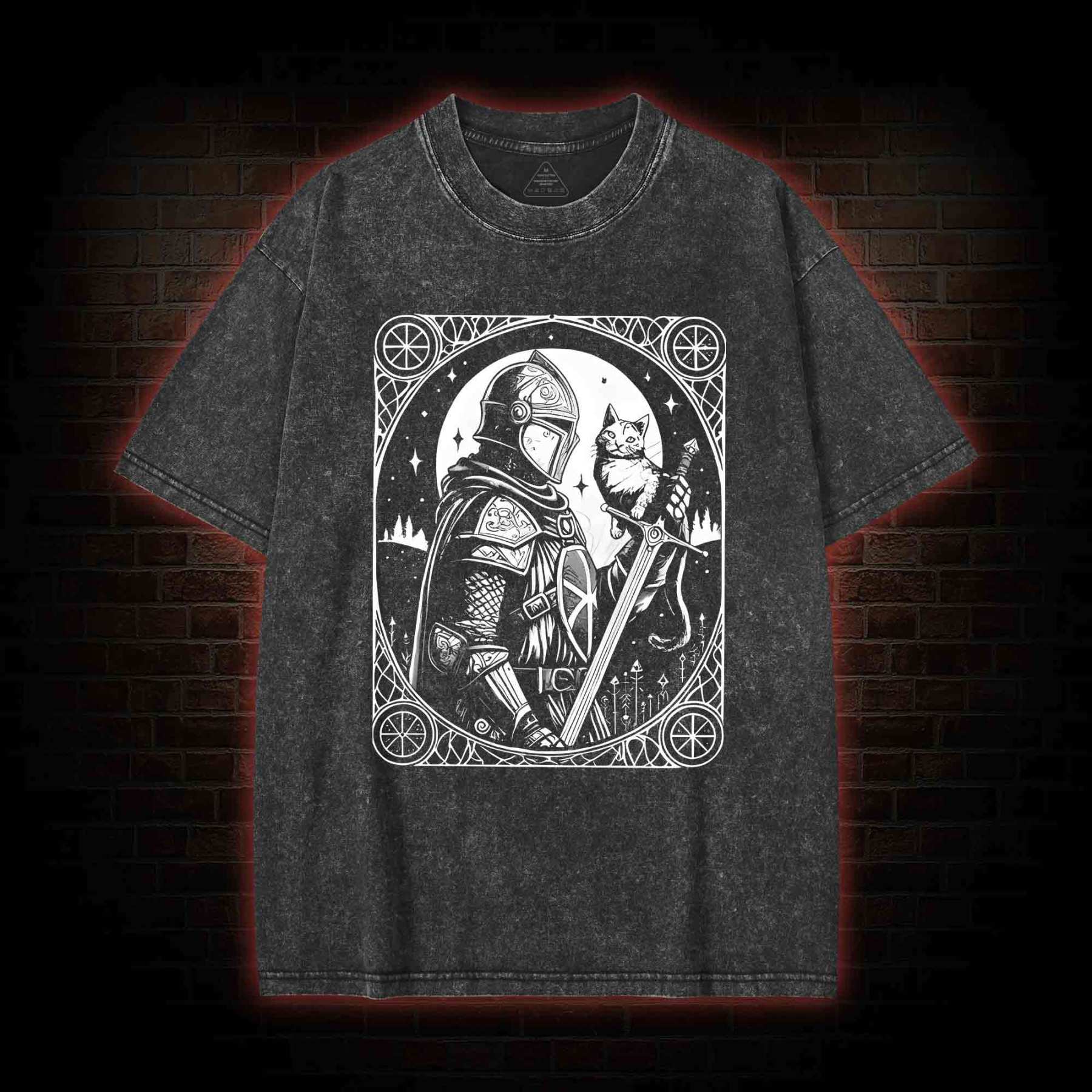 Knight Holding Cat Medieval Washed T-shirt