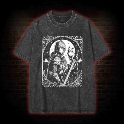 Knight Holding Cat Medieval Washed T-shirt
