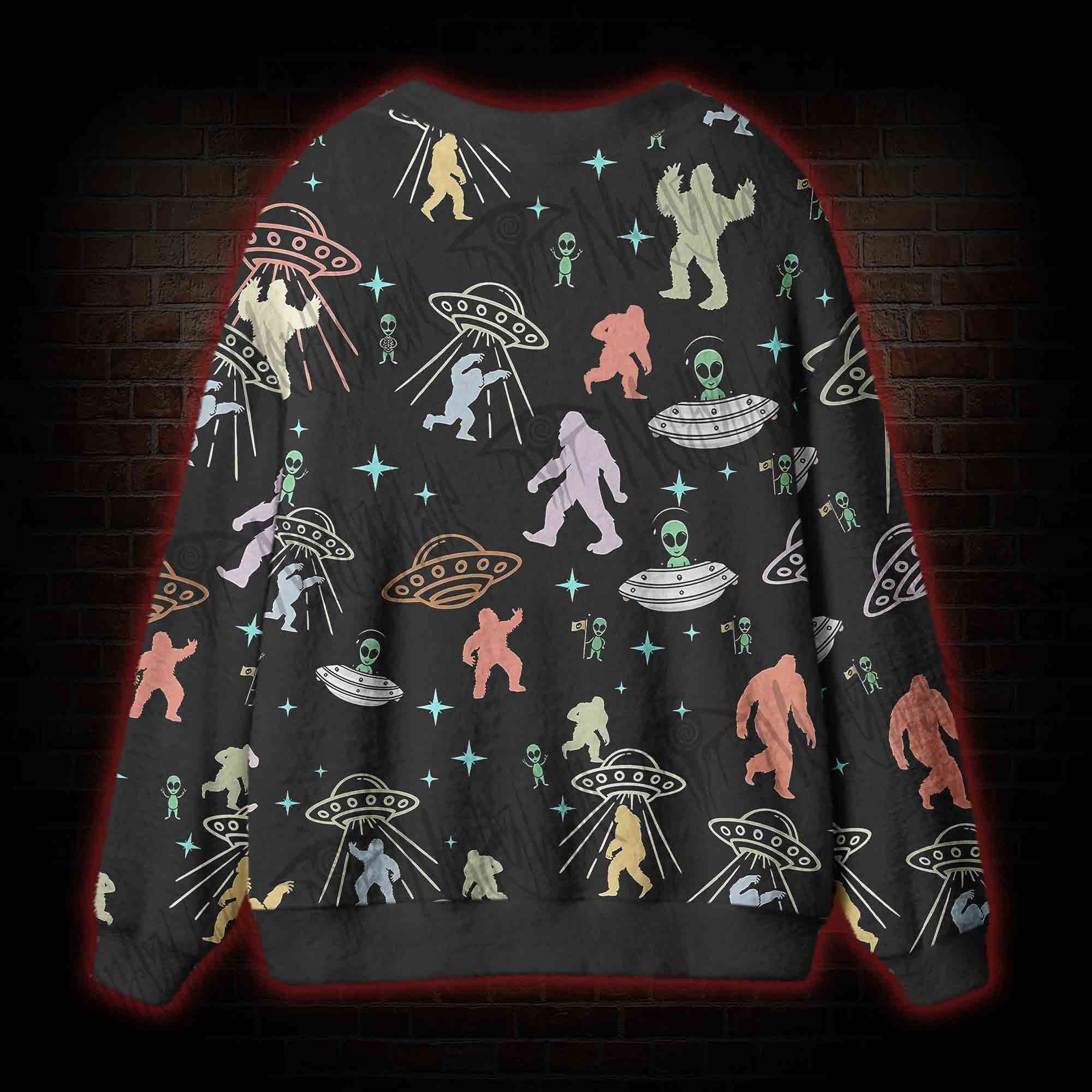 Bigfoot and Alien Party Cardigan Sweater