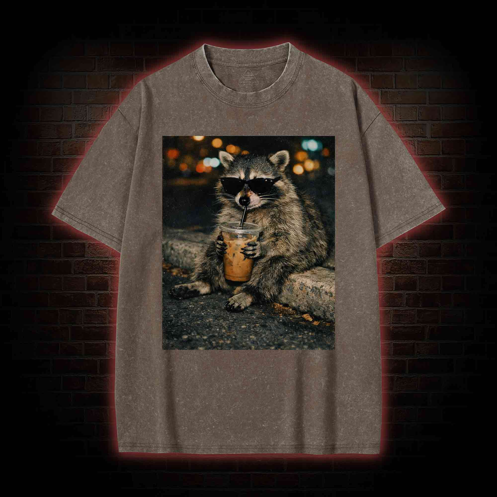 Funny Raccoon Drinking Iced Coffee Washed T-shirt