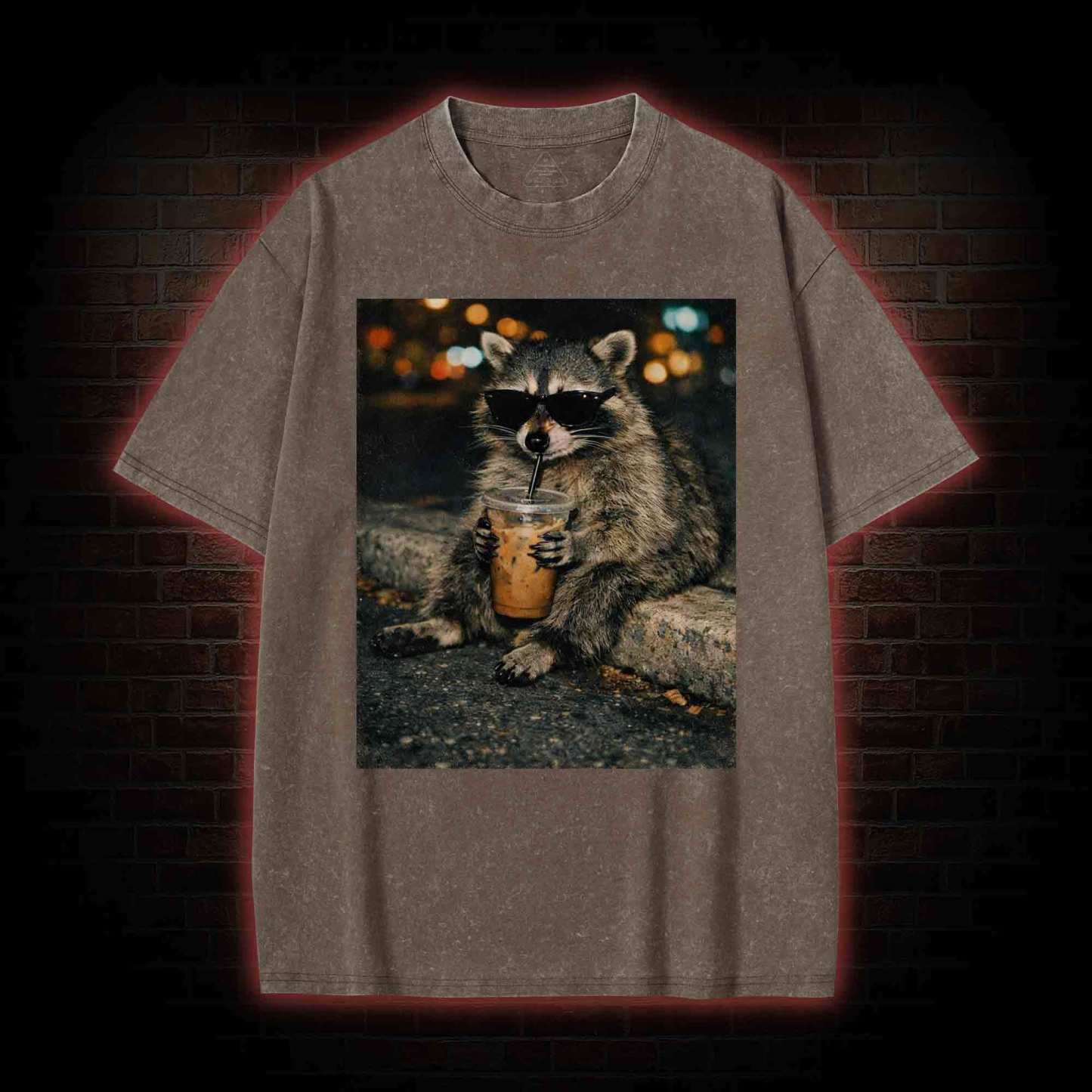 Funny Raccoon Drinking Iced Coffee Washed T-shirt