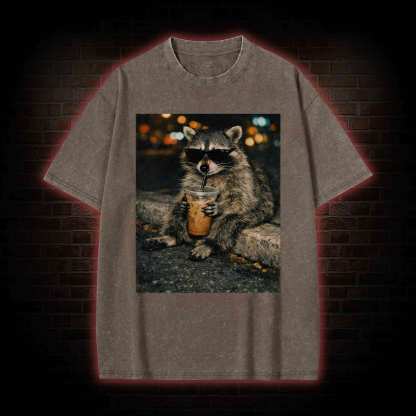 Funny Raccoon Drinking Iced Coffee Washed T-shirt