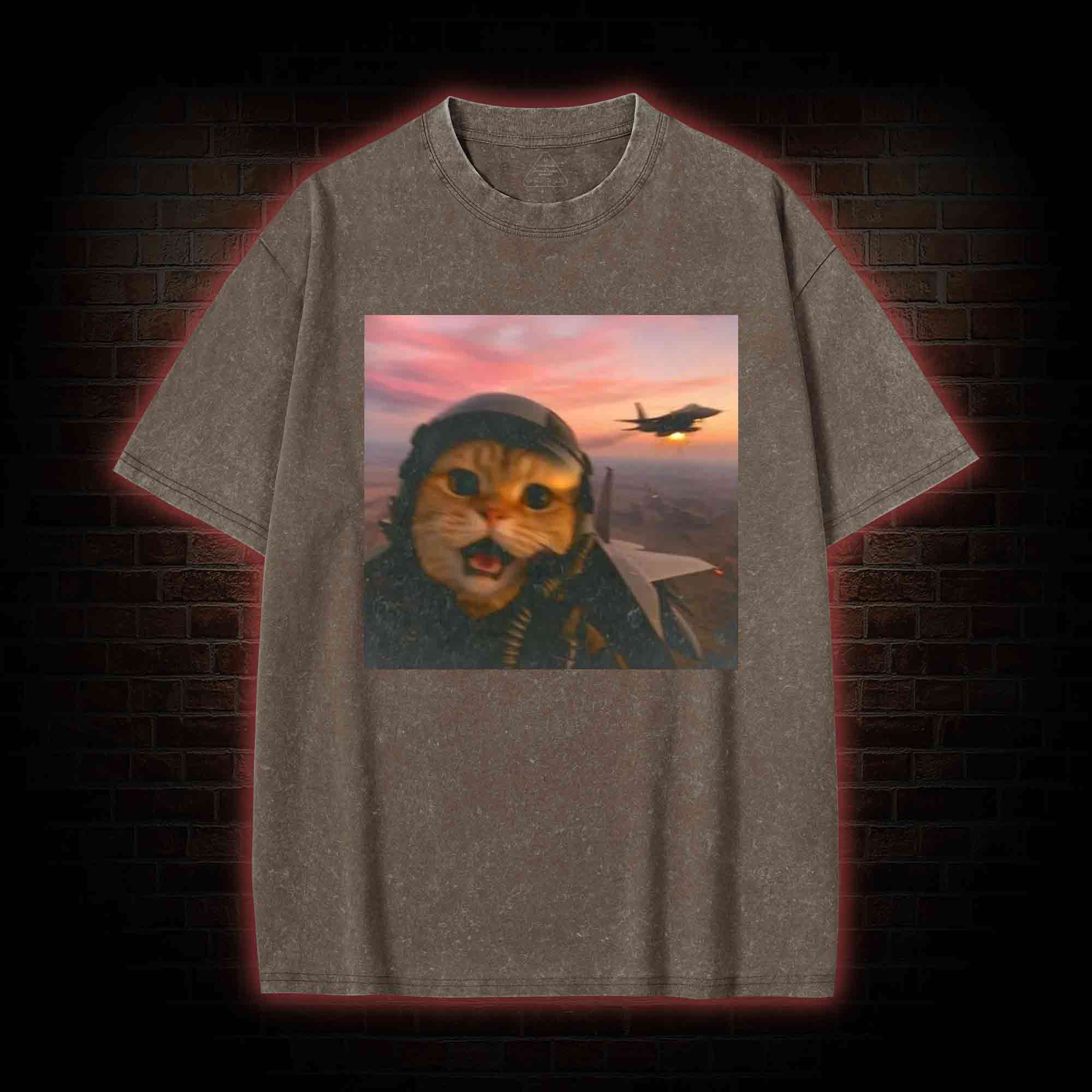 Funny Fighter Pilot Cat Washed T-shirt