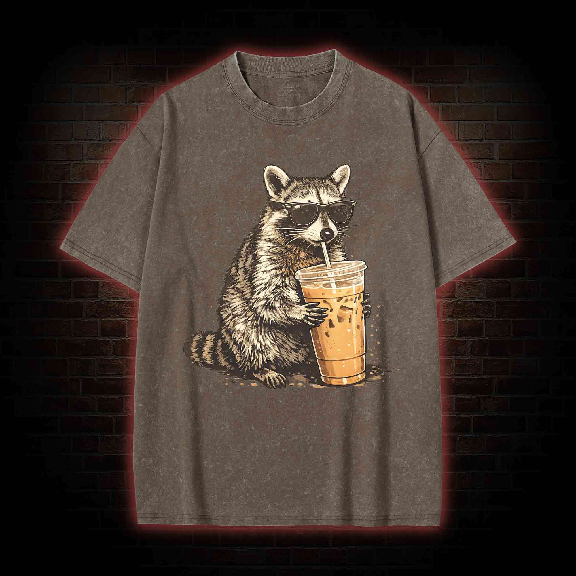 Raccoon Drinking Iced Coffee Washed T-shirt