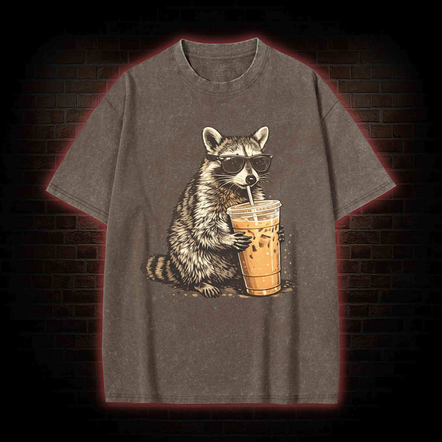 Raccoon Drinking Iced Coffee Washed T-shirt