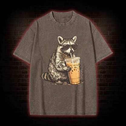 Raccoon Drinking Iced Coffee Washed T-shirt
