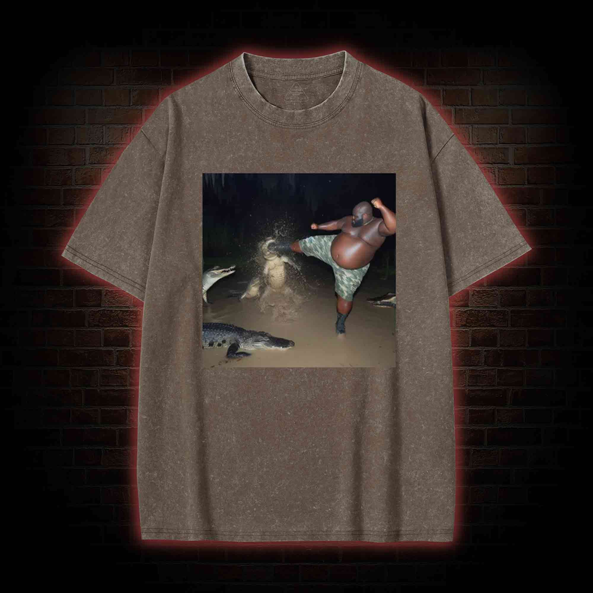 Black Guy Kick Alligator in Swamp Washed T-shirt