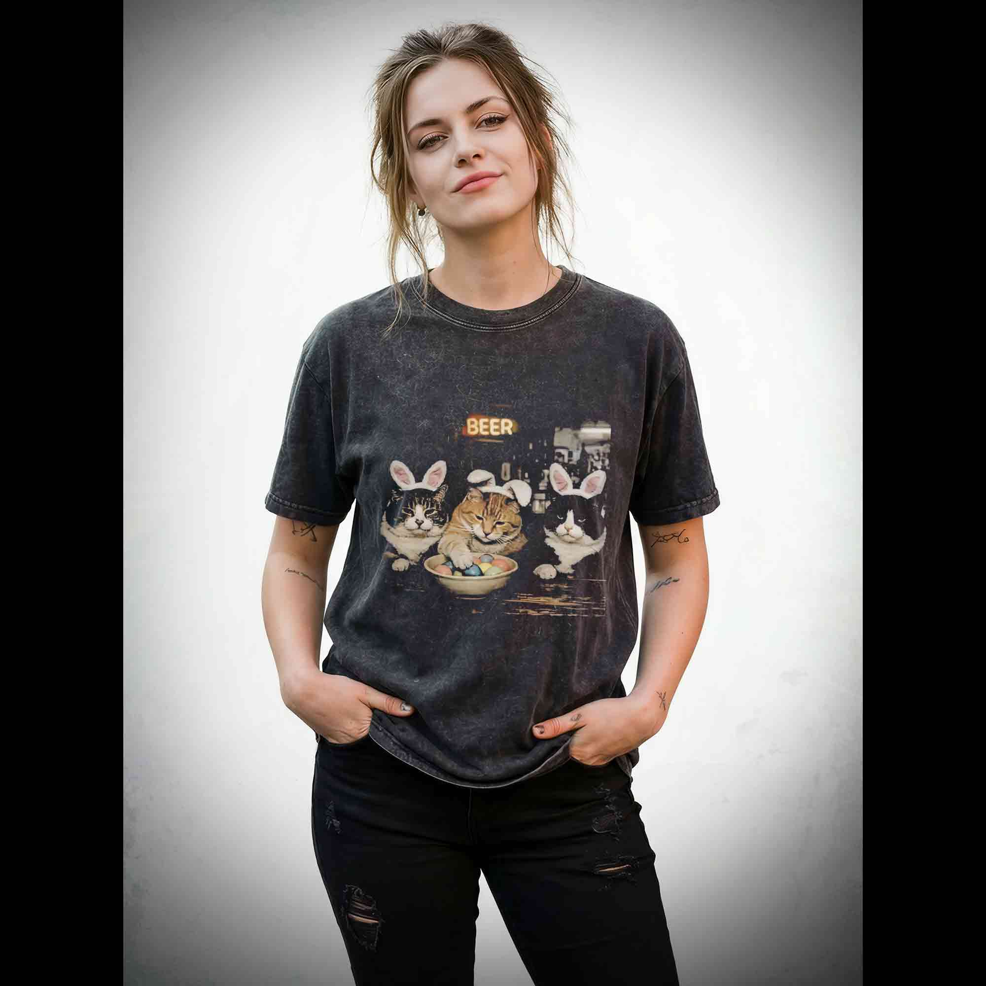 Easter Bunny Cats Bar Washed T-shirt