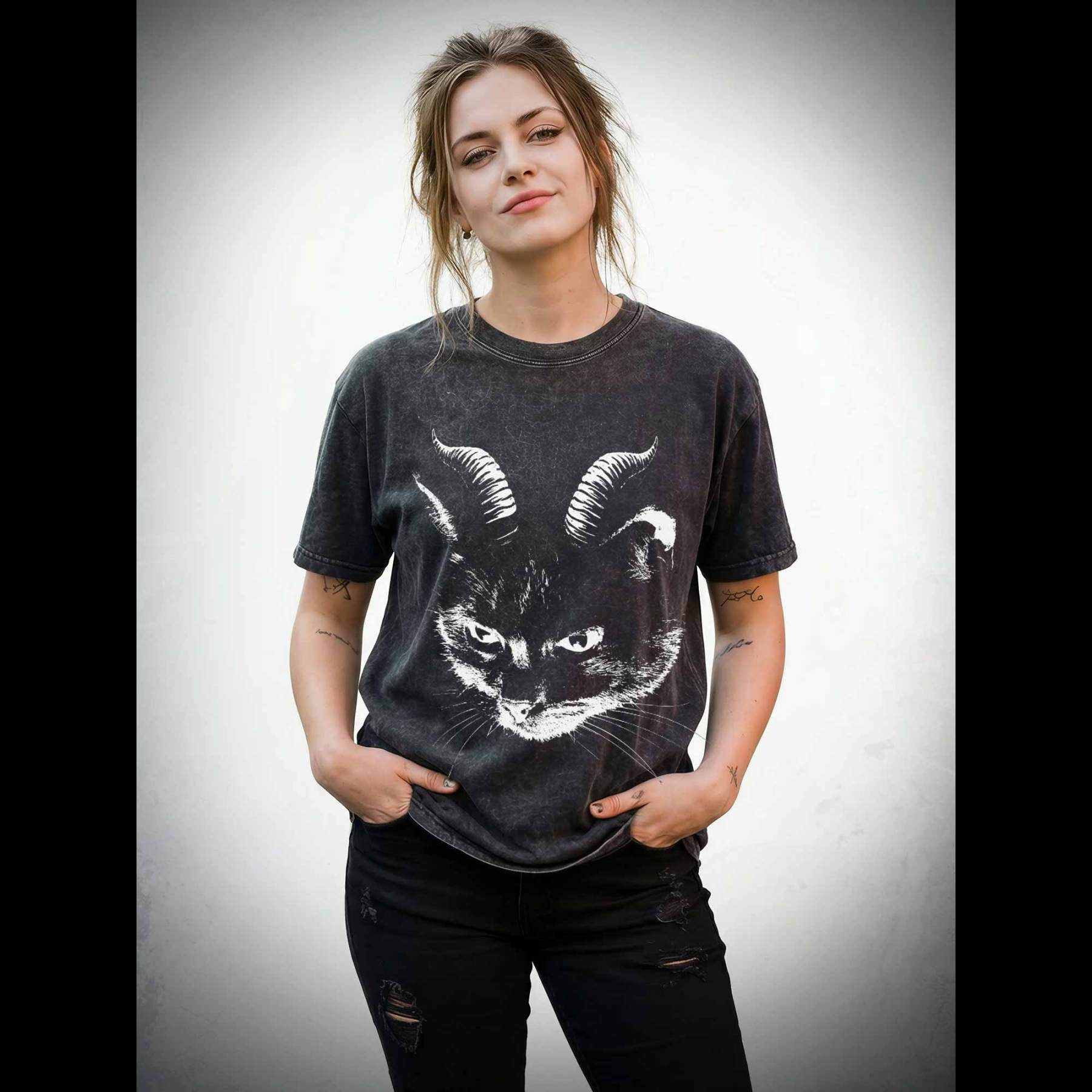 Dark Evil Black Cat Washed T-shirt