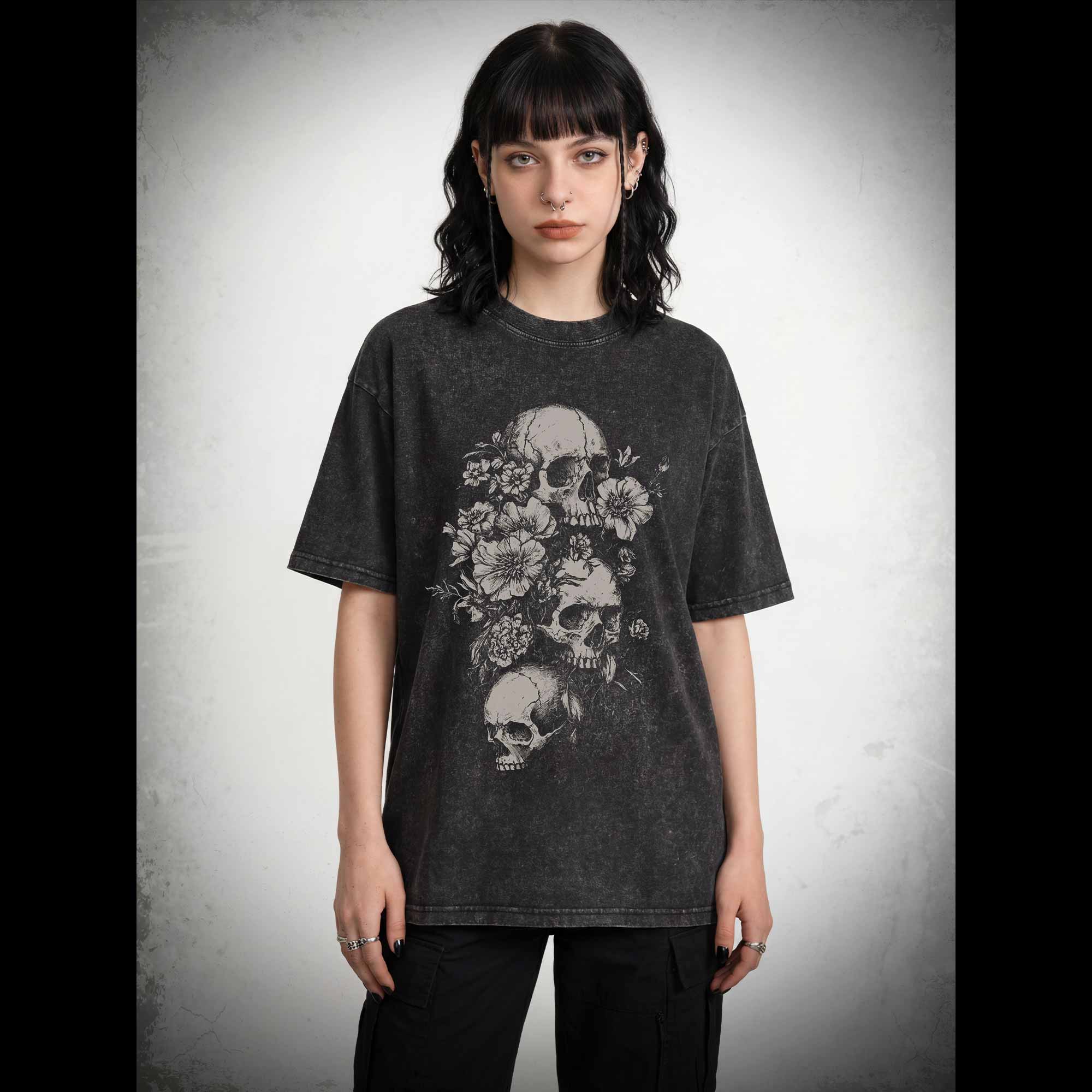 Floral Skull Gothic Washed T-shirt