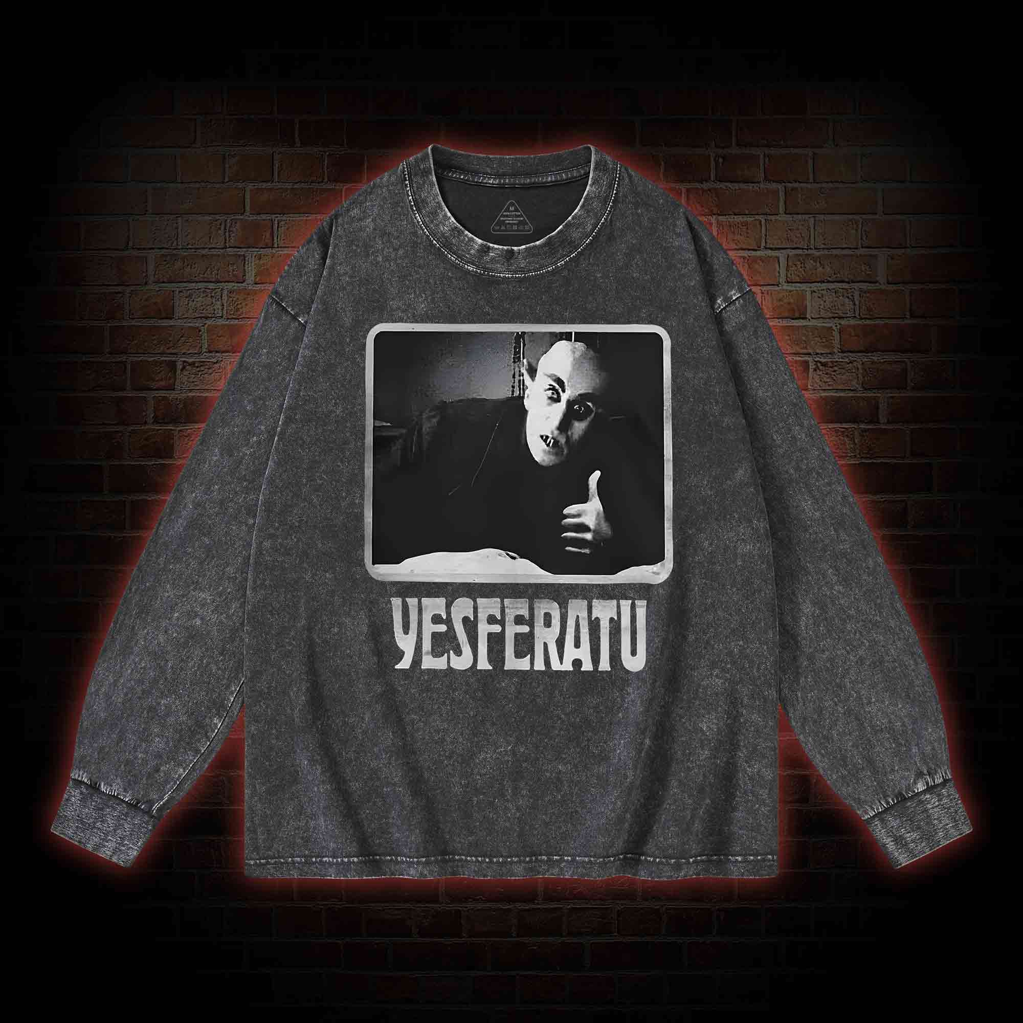 Yesferatu Funny Horror Retro Washed Long-Sleeve T-shirt