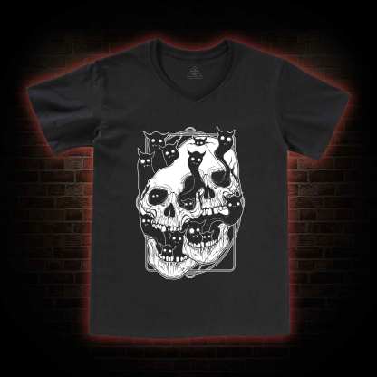 Cat Ghost Double Skull V-Neck Classic T-Shirt