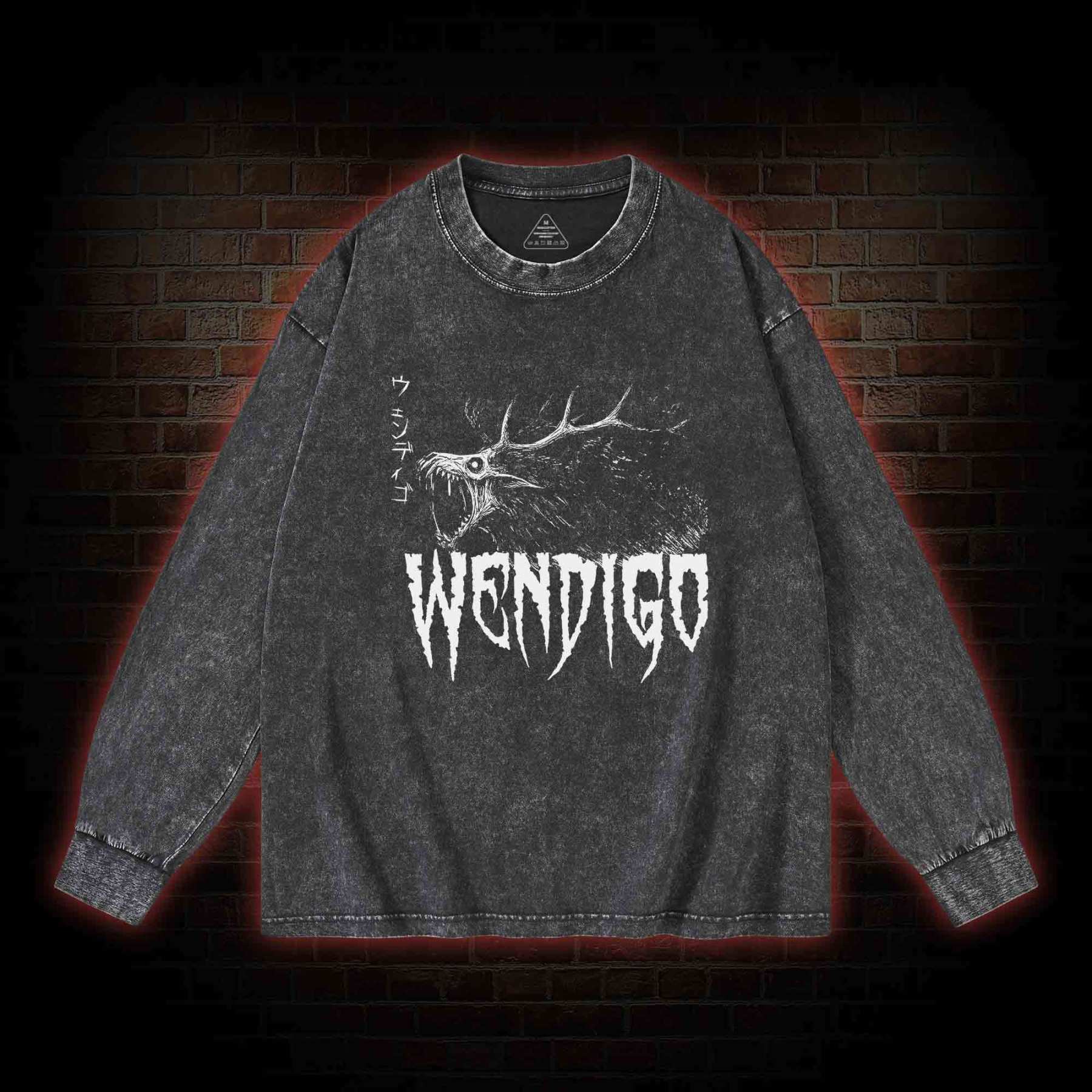 Wendigo Scary Monster Washed Long-Sleeve T-shirt