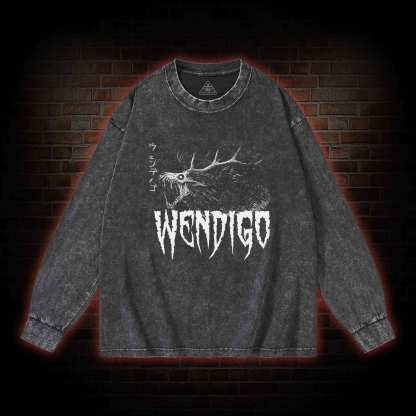 Wendigo Scary Monster Washed Long-Sleeve T-shirt