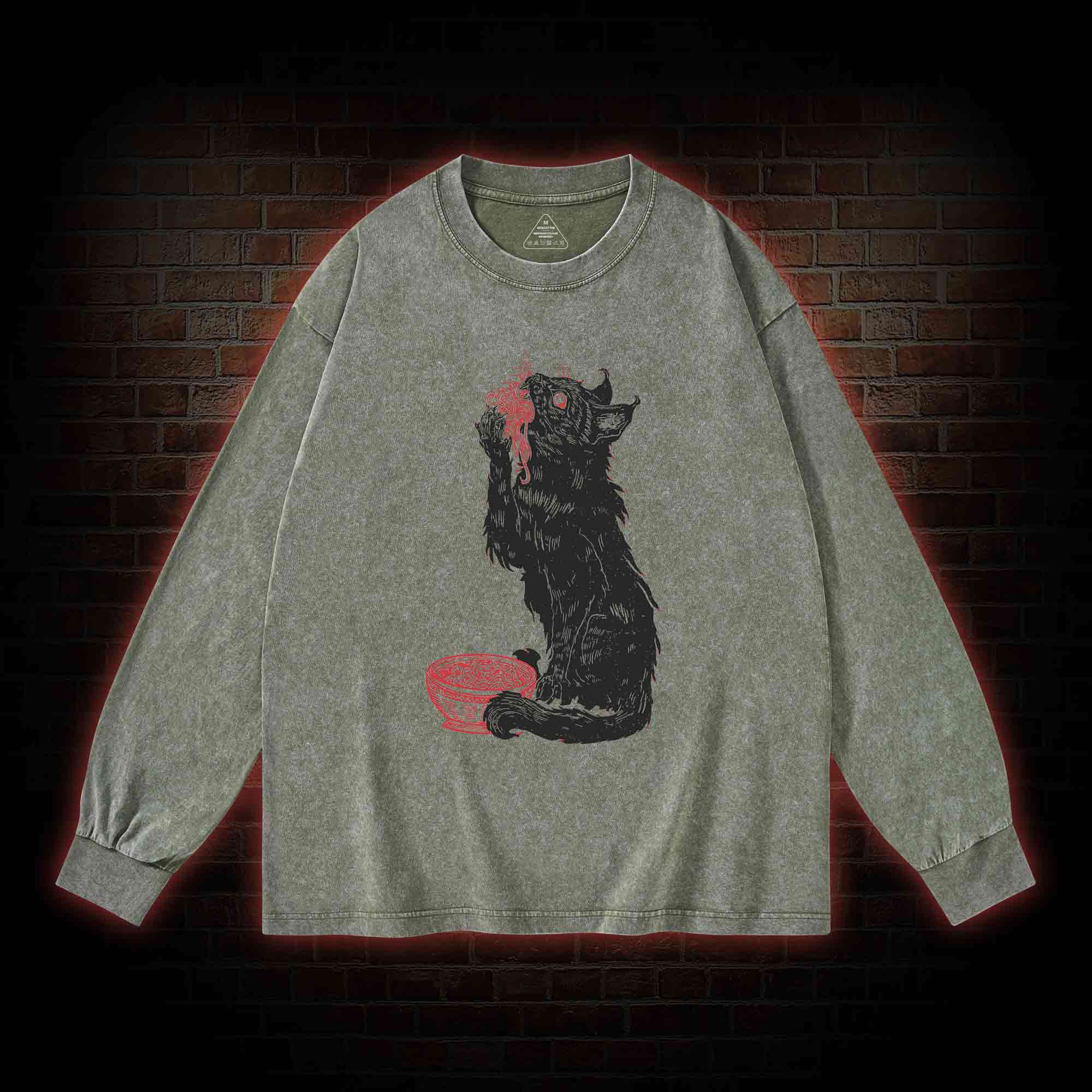 Cat Eating Noodles Washed Long-Sleeve T-shirt