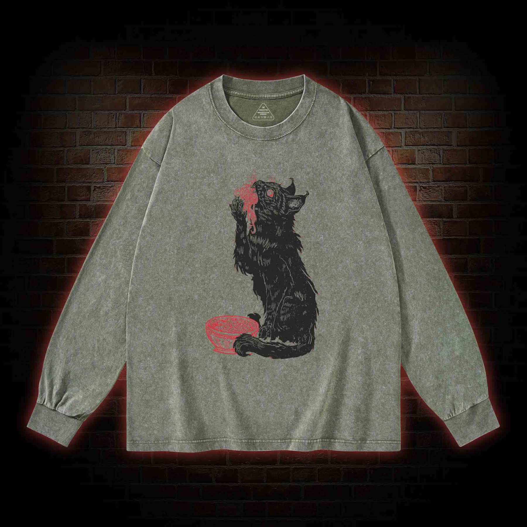Cat Eating Noodles Washed Long-Sleeve T-shirt