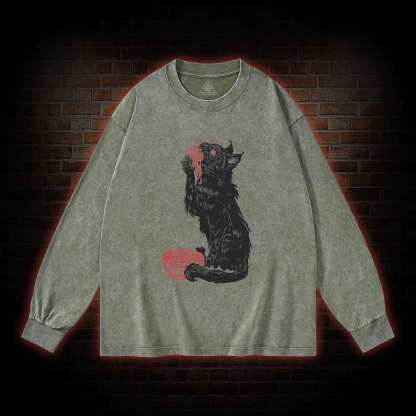 Cat Eating Noodles Washed Long-Sleeve T-shirt