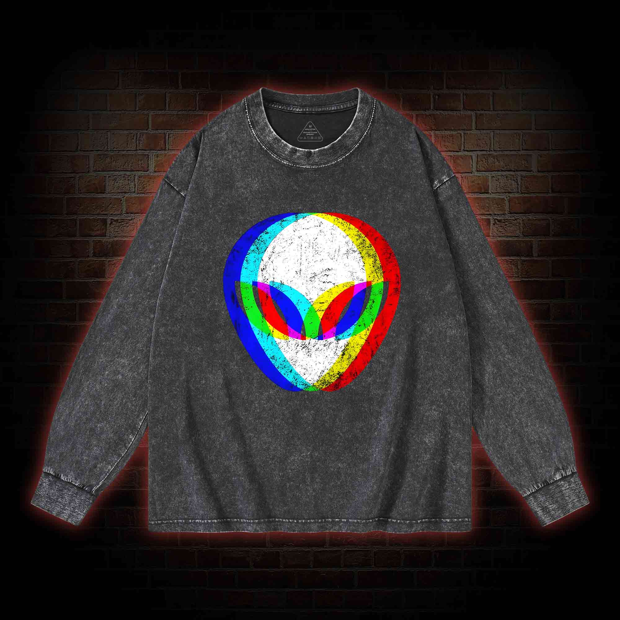 Alien Head Trippy Washed Long-Sleeve T-shirt