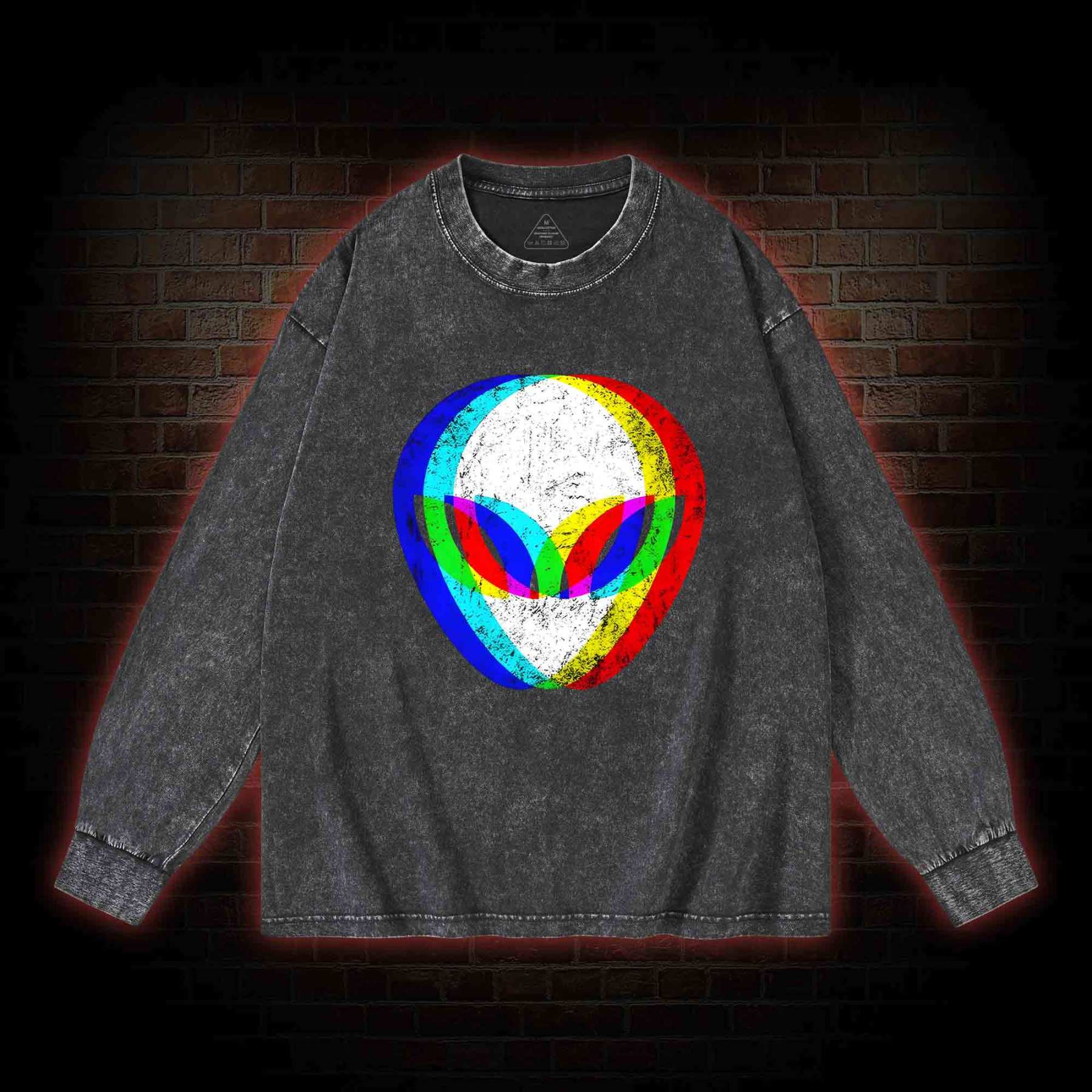 Alien Head Trippy Washed Long-Sleeve T-shirt