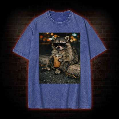 Funny Raccoon Drinking Iced Coffee Washed T-shirt