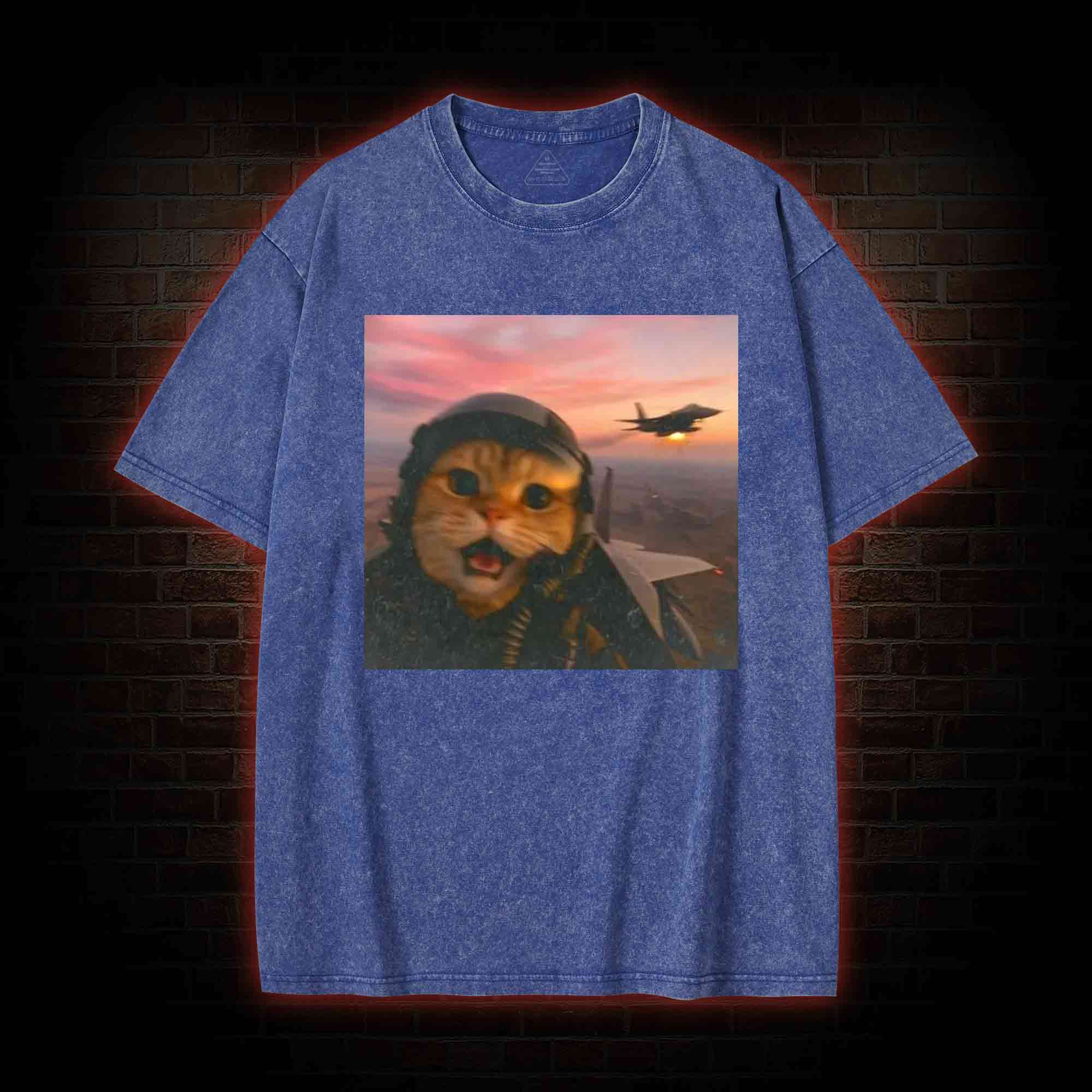 Funny Fighter Pilot Cat Washed T-shirt