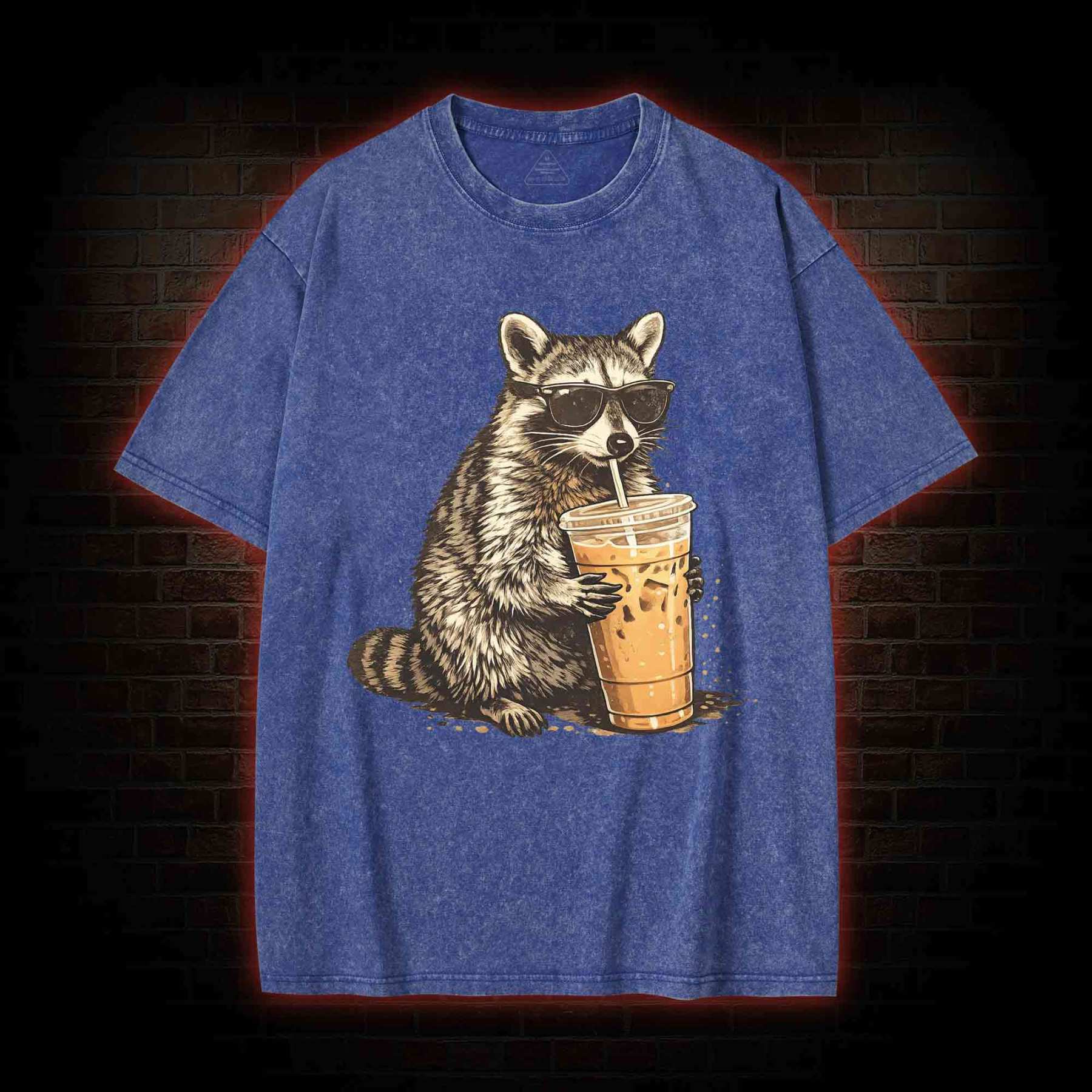 Raccoon Drinking Iced Coffee Washed T-shirt