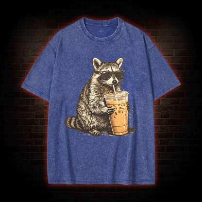 Raccoon Drinking Iced Coffee Washed T-shirt