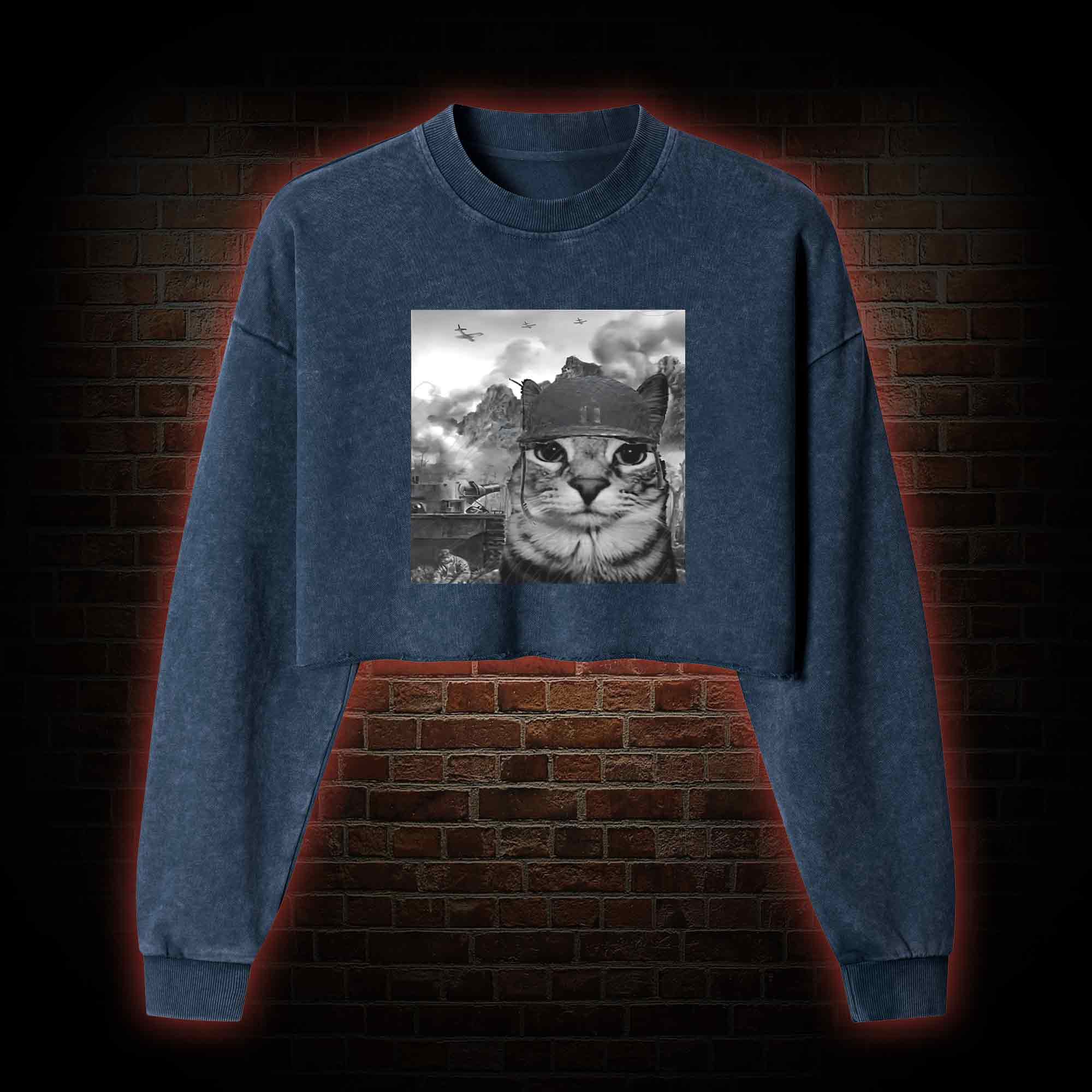 War Cat in the Battlefield Washed Cropped Sweatshirts