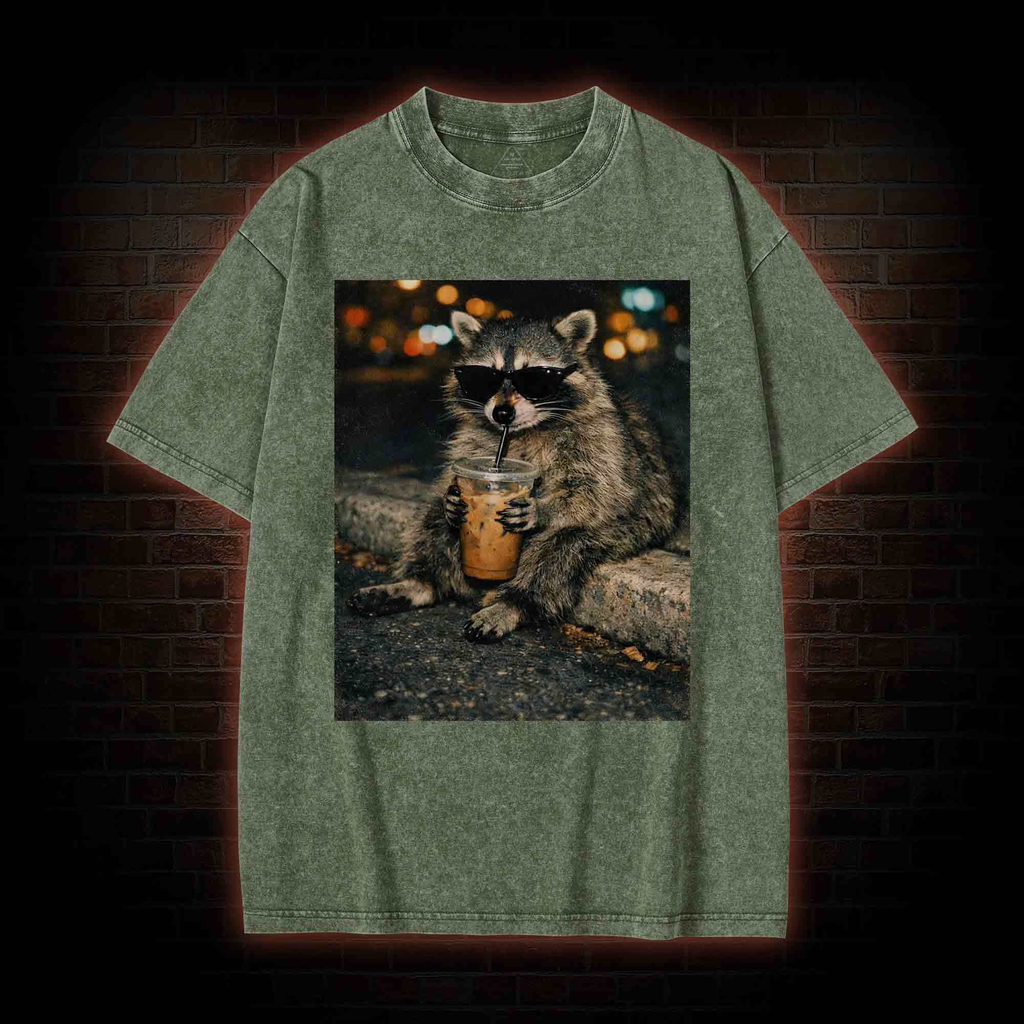 Funny Raccoon Drinking Iced Coffee Washed T-shirt