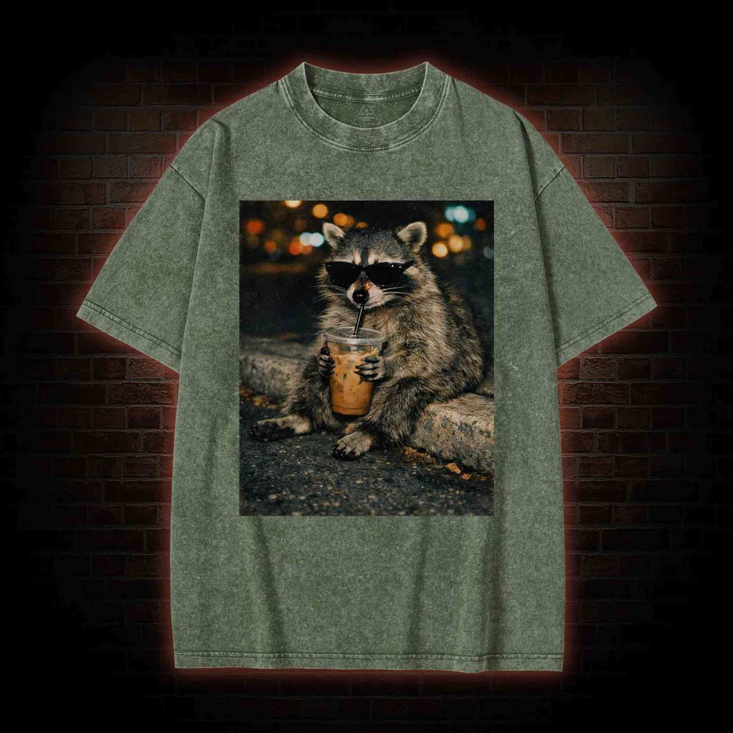 Funny Raccoon Drinking Iced Coffee Washed T-shirt