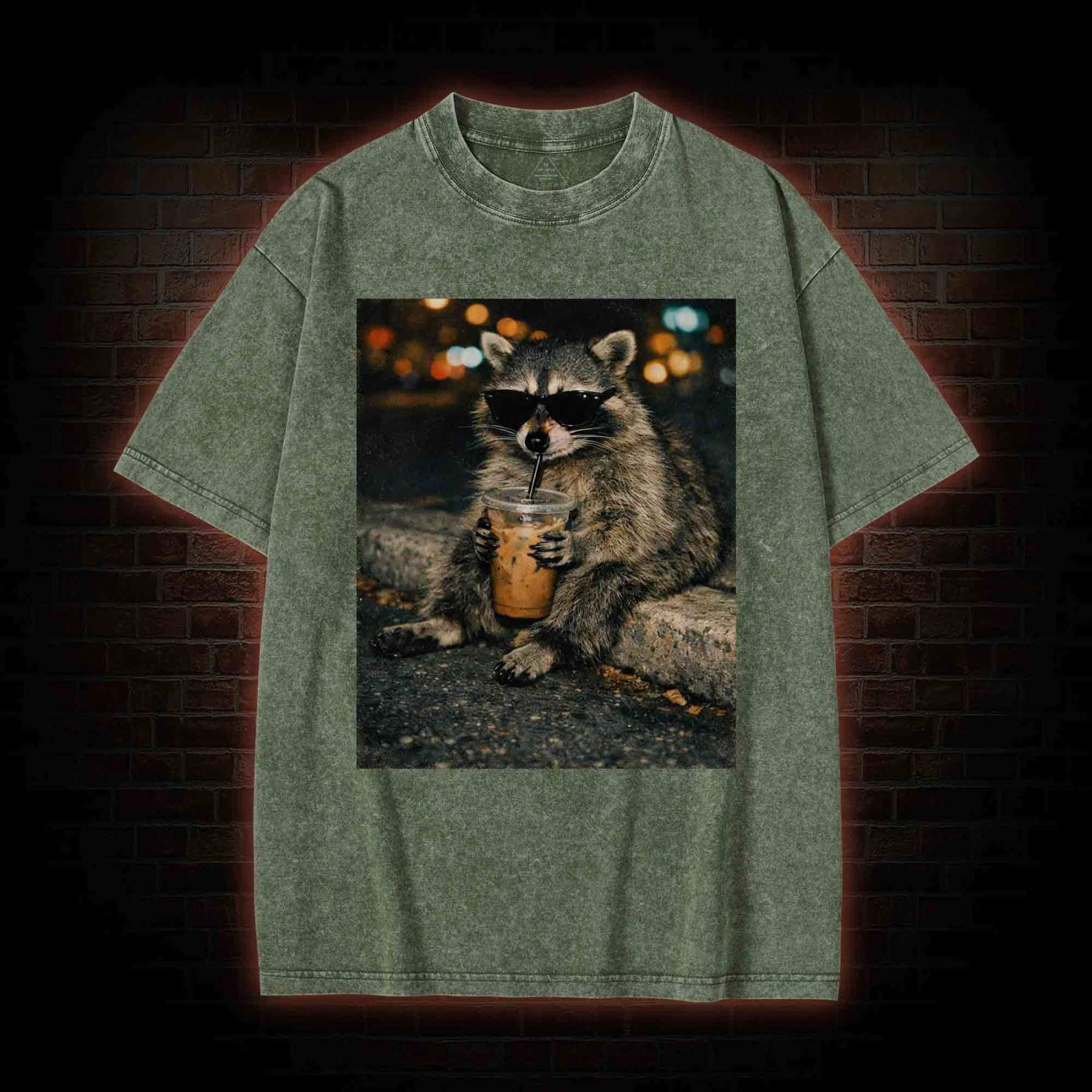 Funny Raccoon Drinking Iced Coffee Washed T-shirt