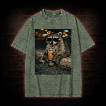 Funny Raccoon Drinking Iced Coffee Washed T-shirt