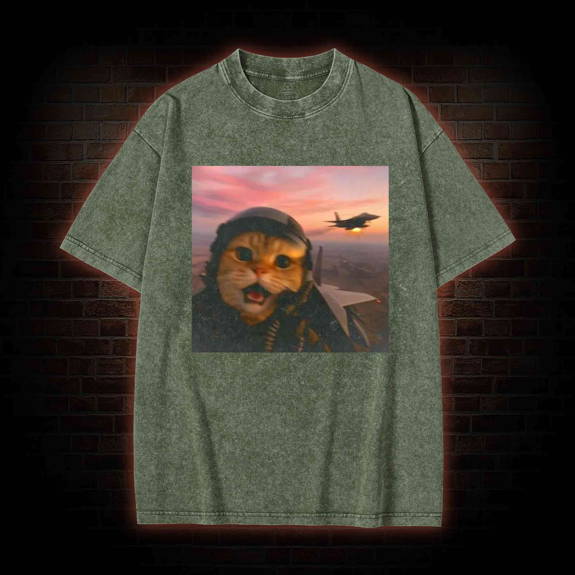 Funny Fighter Pilot Cat Washed T-shirt
