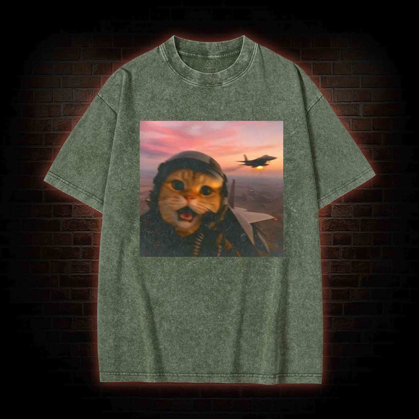 Funny Fighter Pilot Cat Washed T-shirt