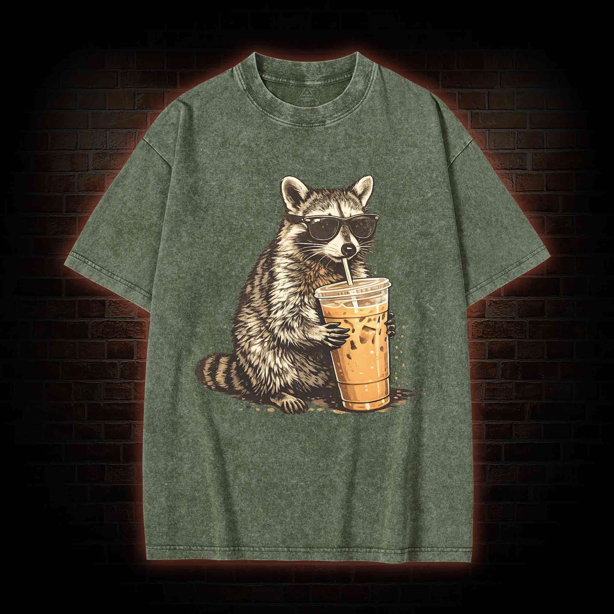 Raccoon Drinking Iced Coffee Washed T-shirt