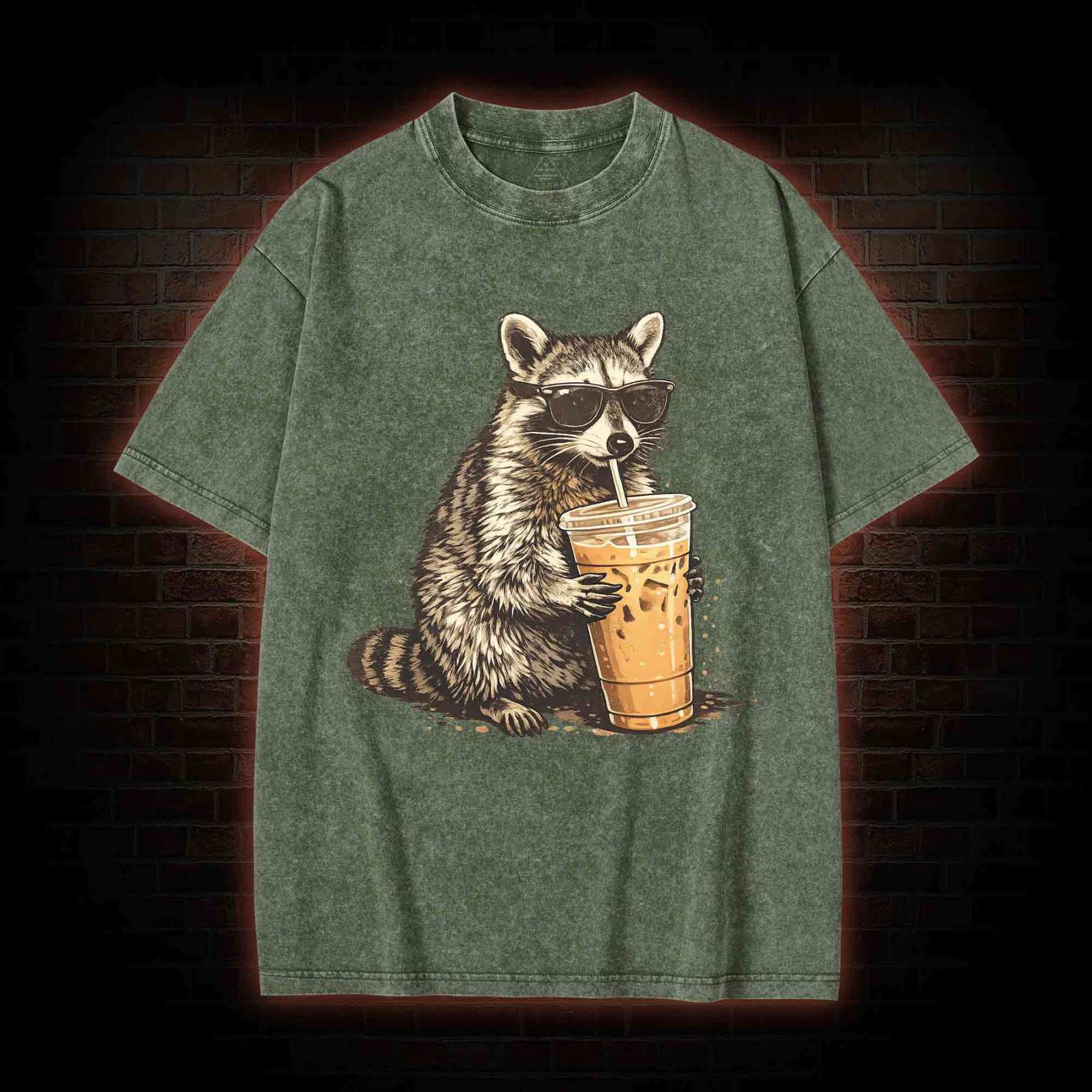 Raccoon Drinking Iced Coffee Washed T-shirt