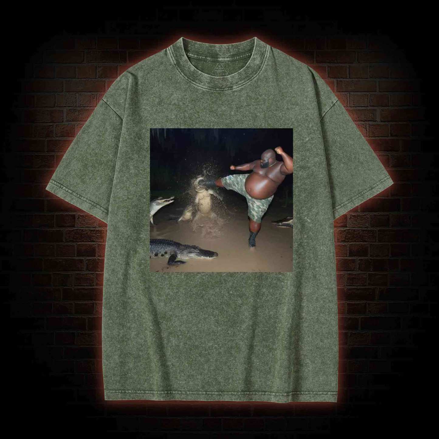 Black Guy Kick Alligator in Swamp Washed T-shirt