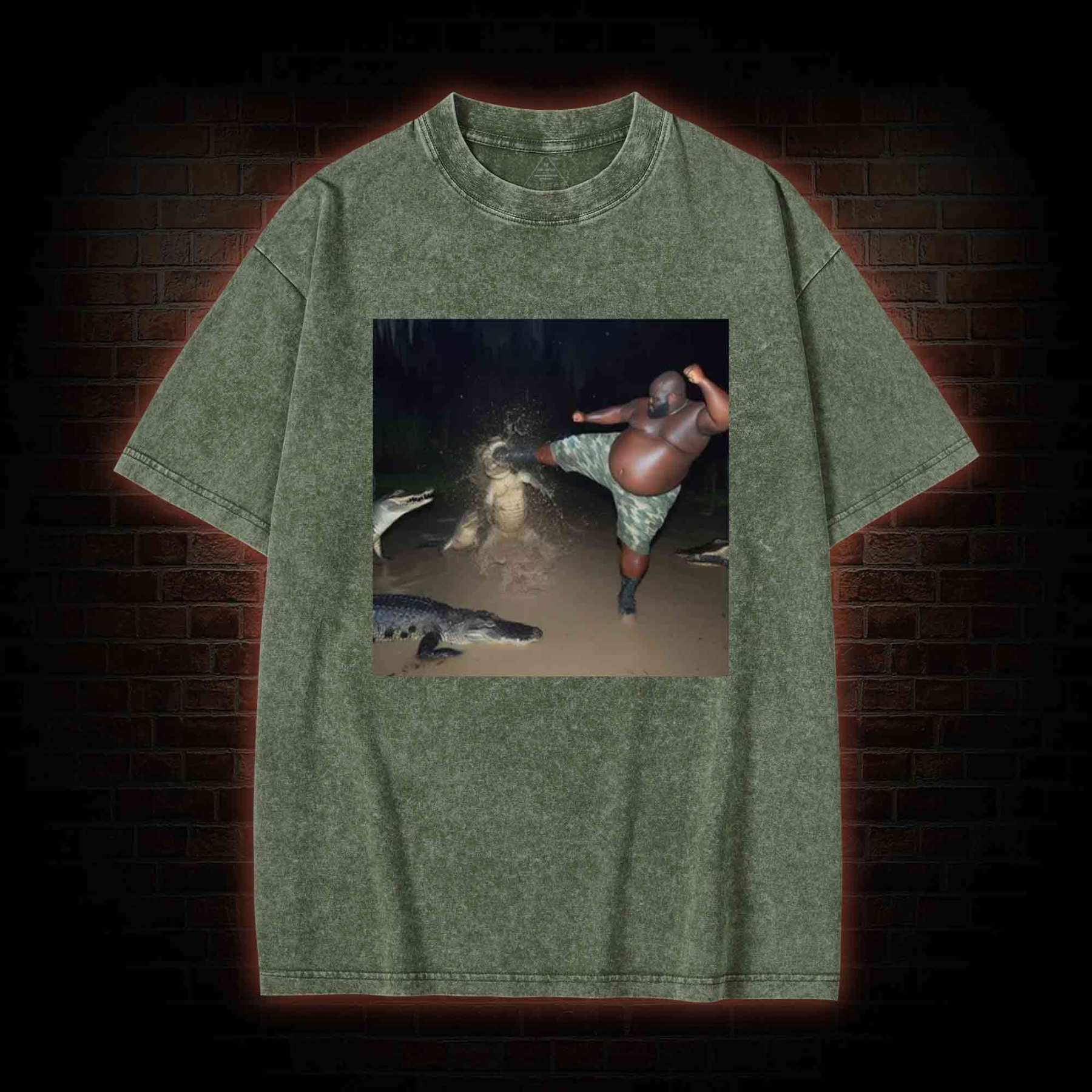 Black Guy Kick Alligator in Swamp Washed T-shirt